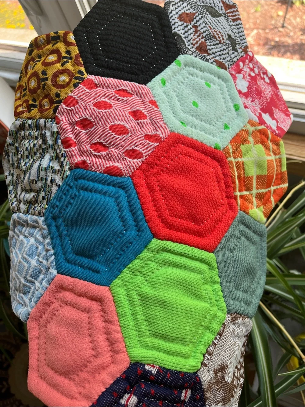 2 Vtg Geometric Handmade Placemats From Old 70s Fabric Pieces MCM Retro